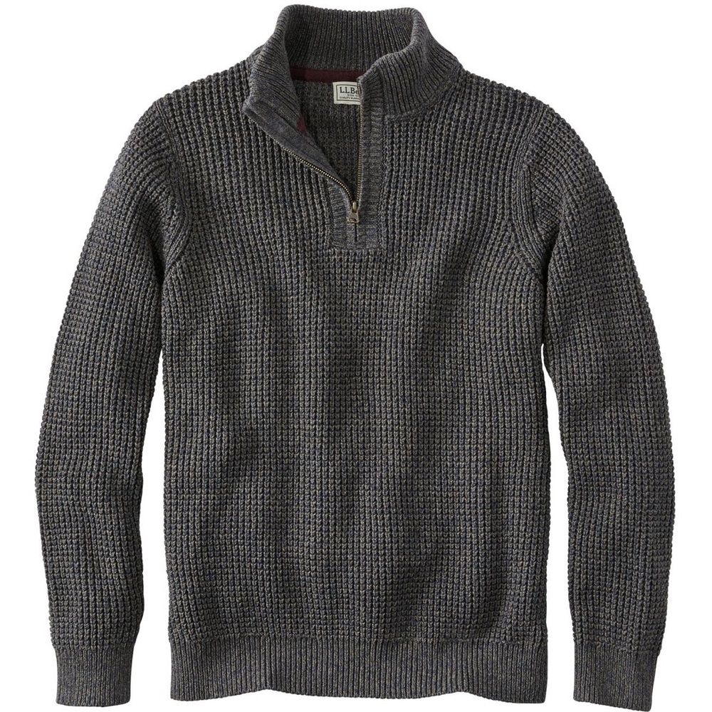L.L. Bean Men's Organic Cotton Waffle Sweater, Quarter Zip gray